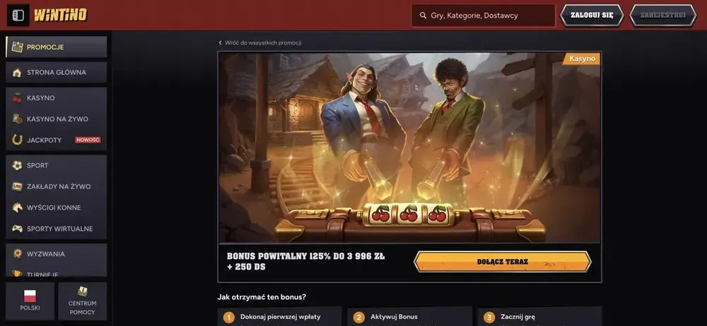 Wintino bonus powitalny 125% - kroki aktywacji