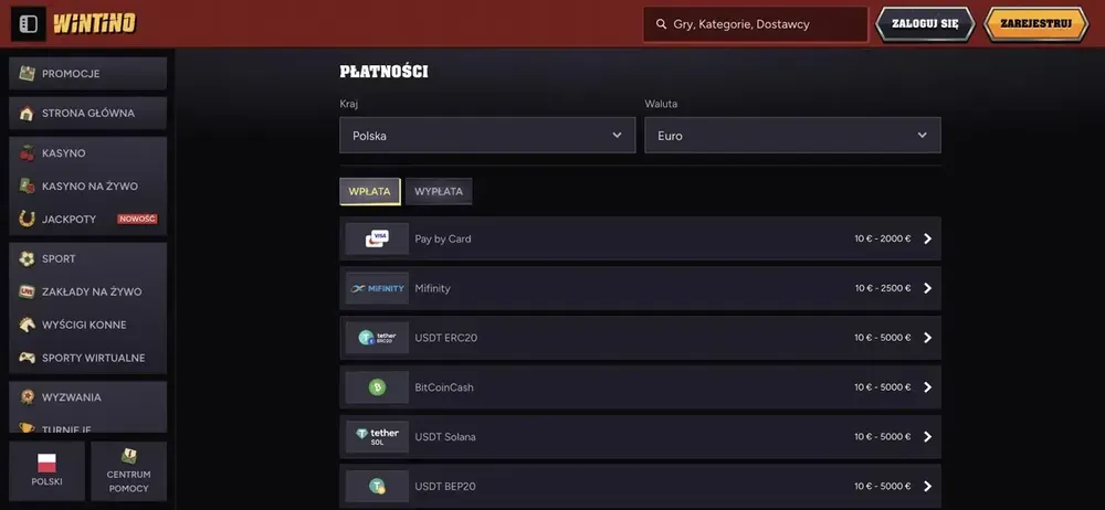 Wintino bonus - metody wpłaty w euro
